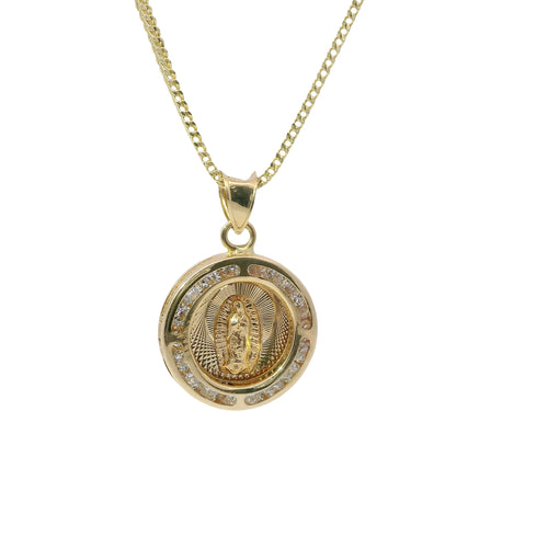 14KT Gold Charm Small 3D Round Double Sided Tri Tone Graphic Line Background Virgin Mary / Jesus Coin with White CZ Stones Edge and Plain Bell