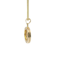 14KT Gold Charm Small 3D Round Double Sided Tri Tone Graphic Line Background Virgin Mary / Jesus Coin with White CZ Stones Edge and Plain Bell