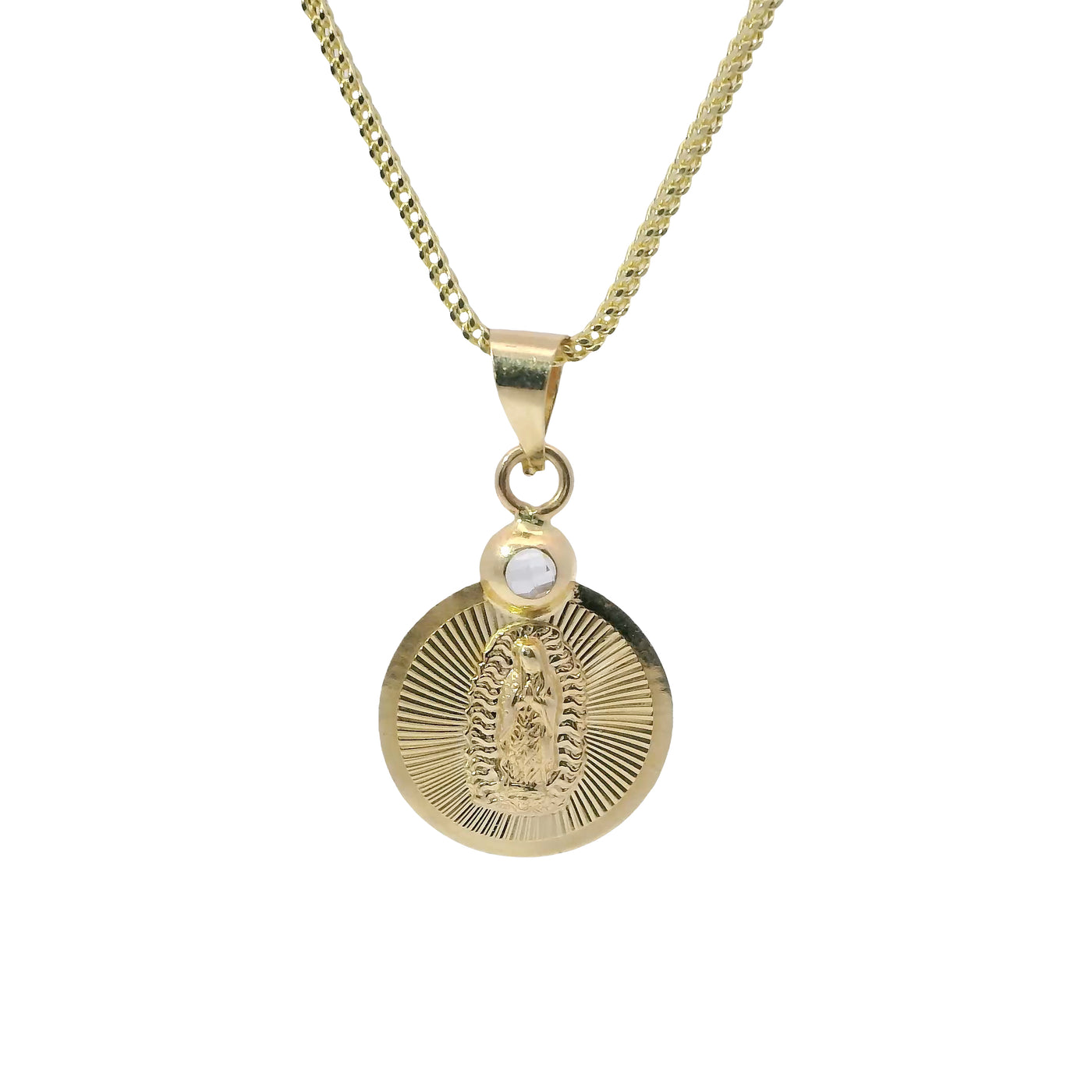 14KT Gold Charm Small Round Sunray Virgin Mary Coin with White CZ Stone Top and Plain Bell