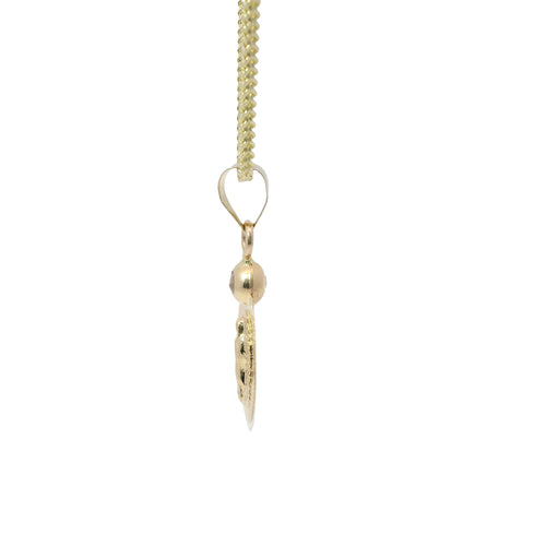 14KT Gold Charm Small Round Sunray Virgin Mary Coin with White CZ Stone Top and Plain Bell