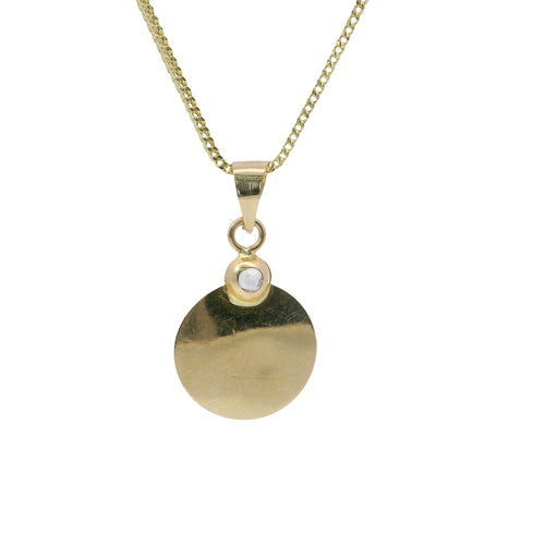 14KT Gold Charm Small Round Sunray Virgin Mary Coin with White CZ Stone Top and Plain Bell