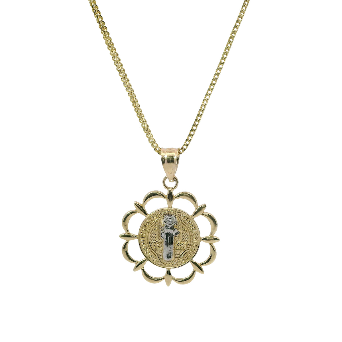 14KT Gold Charm Small Round Two Tone St Benedict Coin Center with Open Scallop Border and Plain Bell