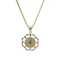 14KT Gold Charm Small Round Two Tone St Benedict Coin Center with Open Scallop Border and Plain Bell