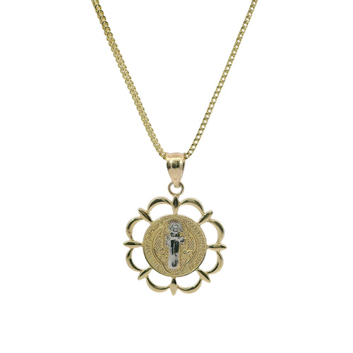 14KT Gold Charm Small Round Two Tone St Benedict Coin Center with Open Scallop Border and Plain Bell