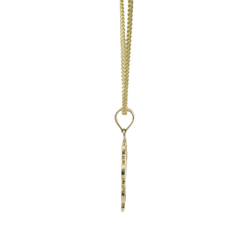 14KT Gold Charm Small Round Two Tone St Benedict Coin Center with Open Scallop Border and Plain Bell