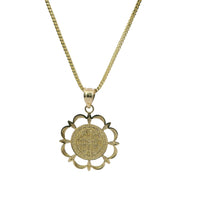14KT Gold Charm Small Round Two Tone St Benedict Coin Center with Open Scallop Border and Plain Bell