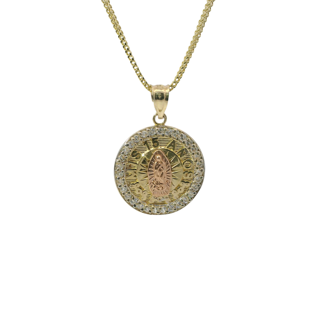 14KT Gold Charm Extra Small Round Two Tone Virgin Mary Quinceanera "15 Anos" Coin with White CZ Stones Border and Plain Bell