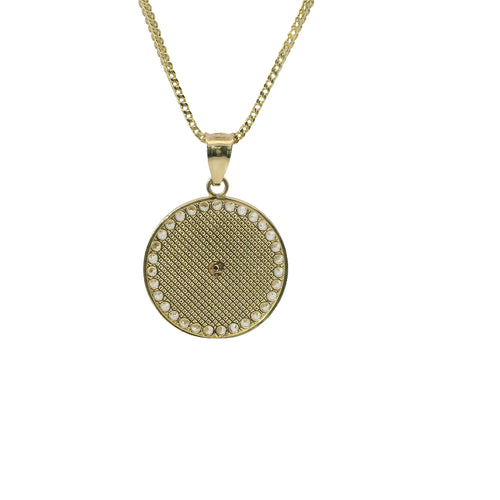 14KT Gold Charm Extra Small Round Two Tone Virgin Mary Quinceanera "15 Anos" Coin with White CZ Stones Border and Plain Bell