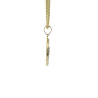 14KT Gold Charm Extra Small Round Two Tone Virgin Mary Quinceanera "15 Anos" Coin with White CZ Stones Border and Plain Bell