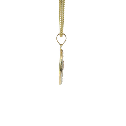 14KT Gold Charm Extra Small Round Two Tone Virgin Mary Quinceanera "15 Anos" Coin with White CZ Stones Border and Plain Bell