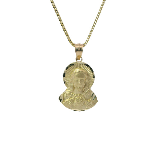 14KT Gold Charm Medium Diamond Cut Jesus Portrait Holding Coin with Plain Bell
