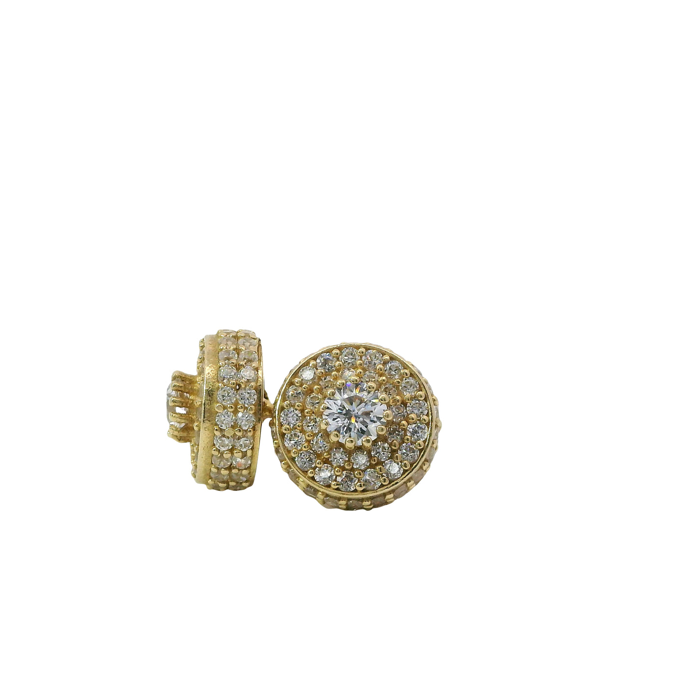 14KT Gold Earrings Small Round Cylinder White CZ Stones Round Cluster Center, Plain Border, Double Row White CZ Stones Edge, Push Back Post and Butterfly Backs