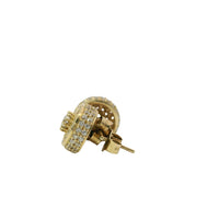 14KT Gold Earrings Small Round Cylinder White CZ Stones Round Cluster Center, Plain Border, Double Row White CZ Stones Edge, Push Back Post and Butterfly Backs