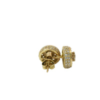 14KT Gold Earrings Small Round Cylinder White CZ Stones Round Cluster Center, Plain Border, Double Row White CZ Stones Edge, Push Back Post and Butterfly Backs