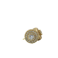 14KT Gold Earrings Small Round Cylinder White CZ Stones Round Cluster Center, Plain Border, Double Row White CZ Stones Edge, Push Back Post and Butterfly Backs