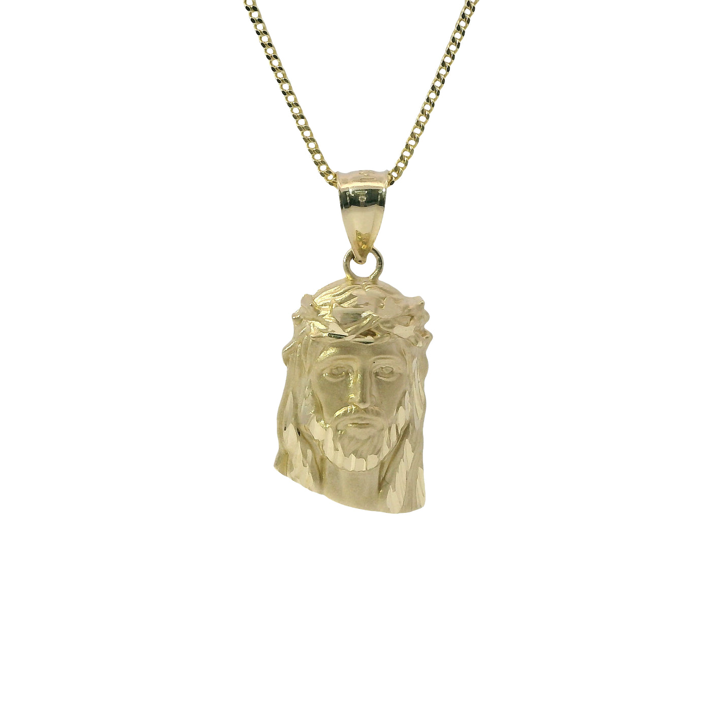 14KT Gold Charm Small Diamond Cut Slant Bottom Jesus Head Front Portrait with Plain Bell