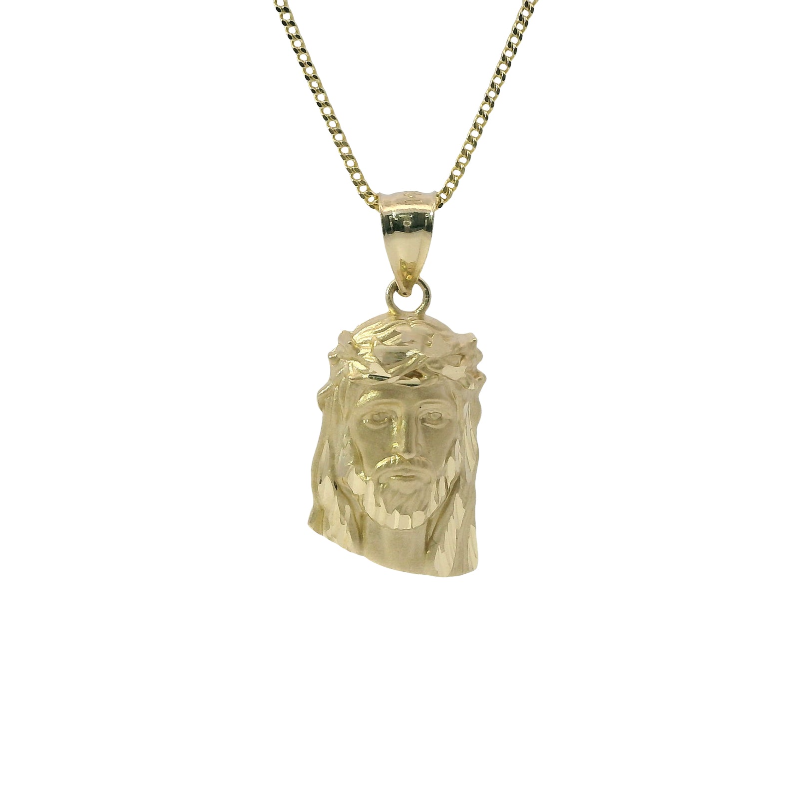 14KT Gold Charm Small Diamond Cut Slant Bottom Jesus Head Front Portrait with Plain Bell