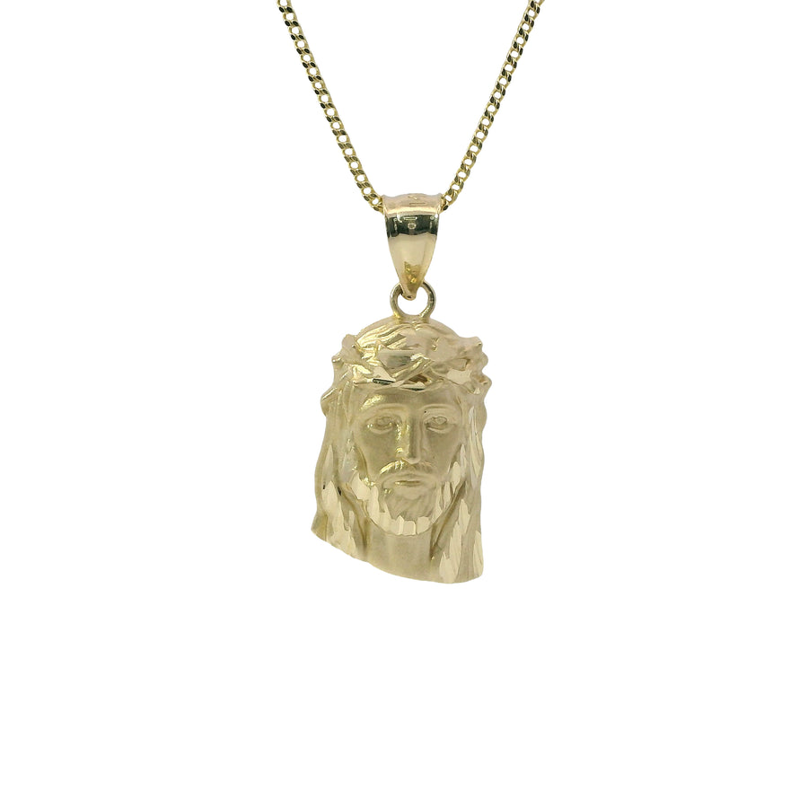 14KT Gold Charm Small Diamond Cut Slant Bottom Jesus Head Front Portrait with Plain Bell
