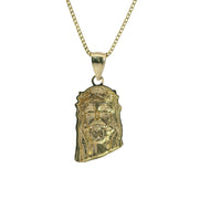 14KT Gold Charm Small Diamond Cut Slant Bottom Jesus Head Front Portrait with Plain Bell