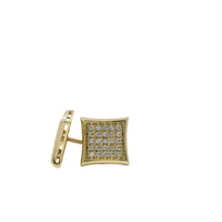 14KT Gold Earring Small Pinched Square White CZ Stones Cluster with Plain Border, Push Back Post, and Butterfly Backs