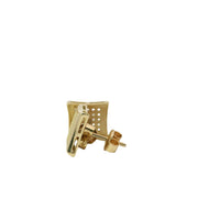 14KT Gold Earring Small Pinched Square White CZ Stones Cluster with Plain Border, Push Back Post, and Butterfly Backs
