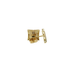 14KT Gold Earring Small Pinched Square White CZ Stones Cluster with Plain Border, Push Back Post, and Butterfly Backs