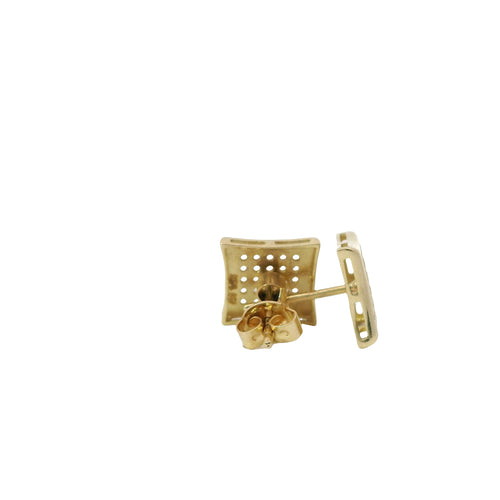 14KT Gold Earring Small Pinched Square White CZ Stones Cluster with Plain Border, Push Back Post, and Butterfly Backs