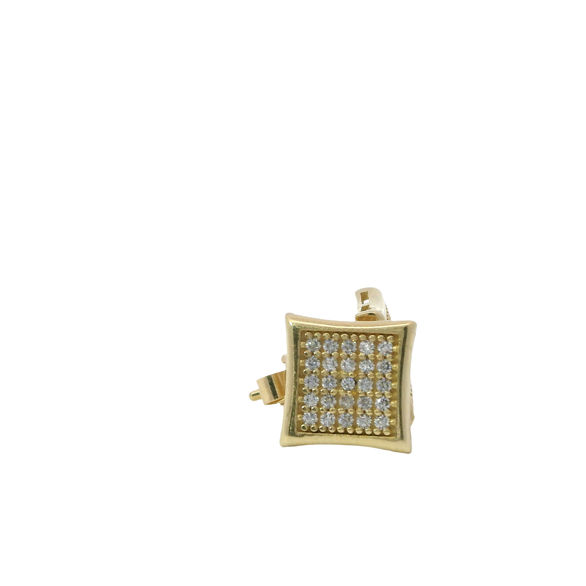 14KT Gold Earring Small Pinched Square White CZ Stones Cluster with Plain Border, Push Back Post, and Butterfly Backs