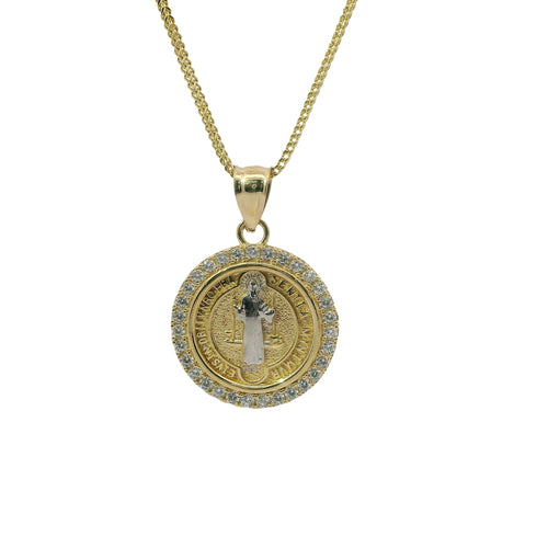 14KT Gold Charm Small Round Two Tone St Benedict Coin with White CZ Stones Border and Plain Bell