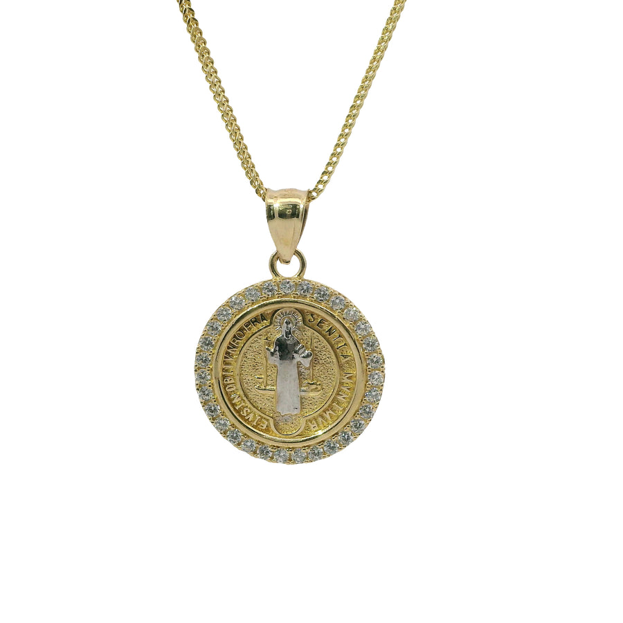 14KT Gold Charm Small Round Two Tone St Benedict Coin with White CZ Stones Border and Plain Bell