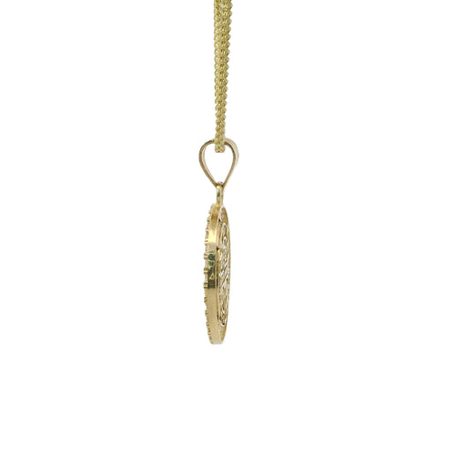14KT Gold Charm Small Round Two Tone St Benedict Coin with White CZ Stones Border and Plain Bell