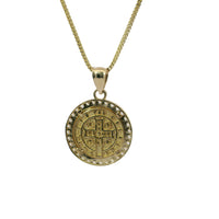 14KT Gold Charm Small Round Two Tone St Benedict Coin with White CZ Stones Border and Plain Bell