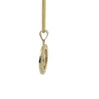 14KT Gold Charm Small Round Two Tone St Benedict Coin with White CZ Stones Border and Plain Bell