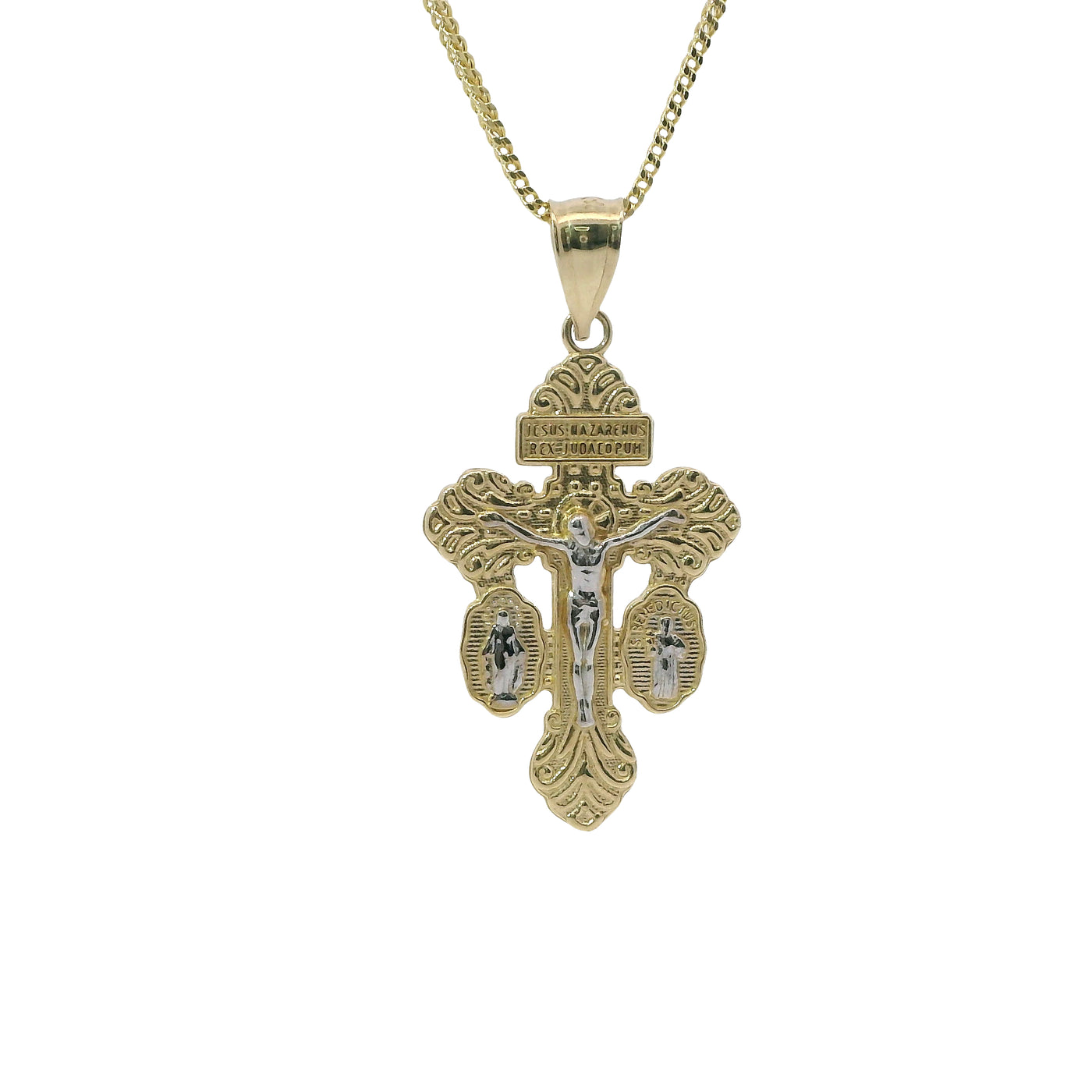 14KT Gold Charm Small Two Tone Crucifix Cross with Virgin Mary and St Benedict Sides Cross with Plain Bell