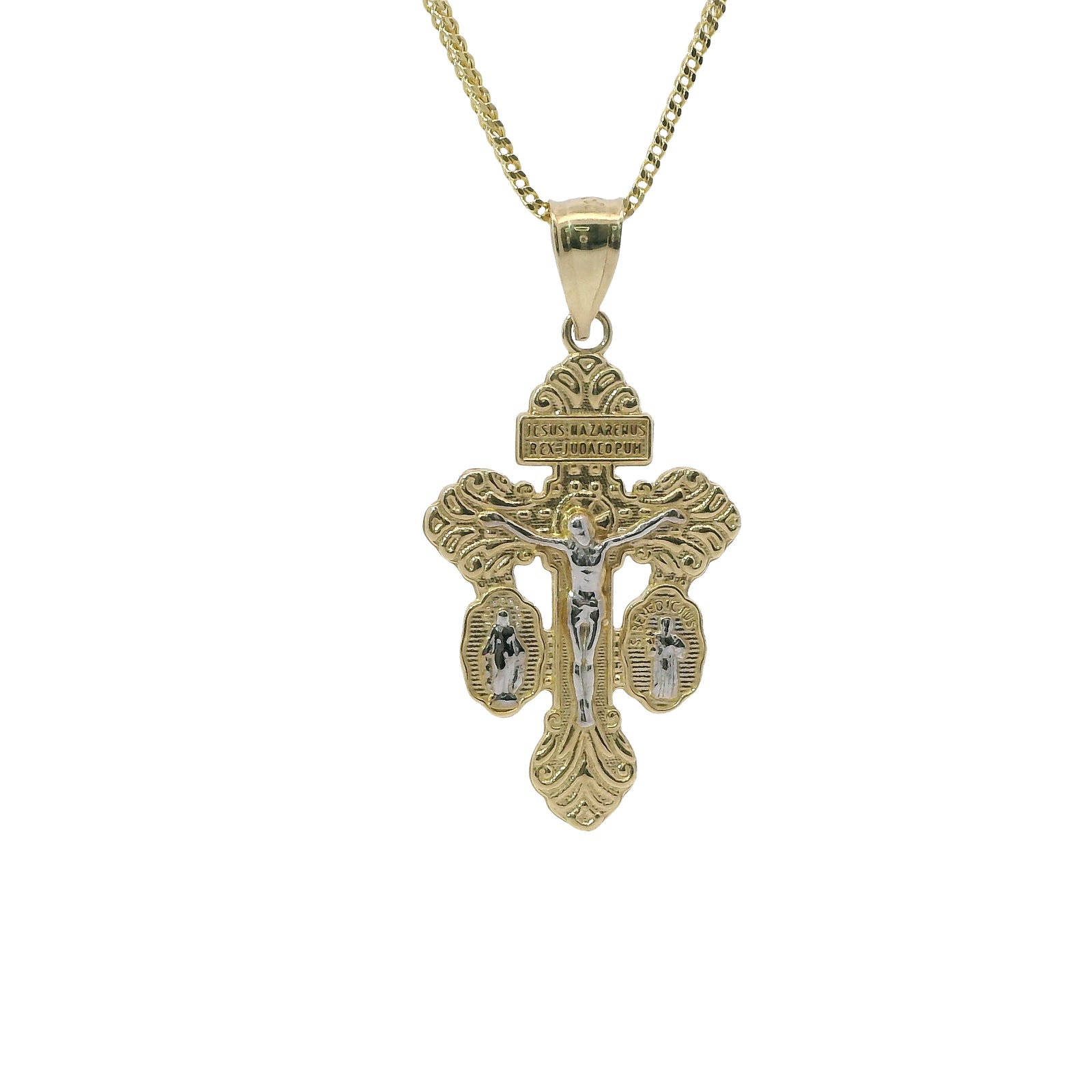 14KT Gold Charm Small Two Tone Crucifix Cross with Virgin Mary and St Benedict Sides Cross with Plain Bell