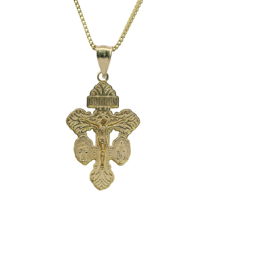 14KT Gold Charm Small Two Tone Crucifix Cross with Virgin Mary and St Benedict Sides Cross with Plain Bell