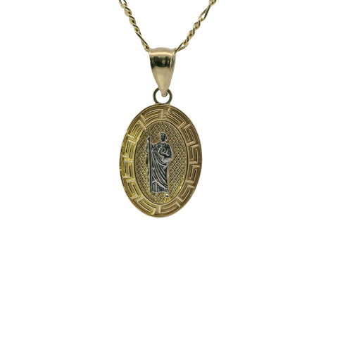 14KT Gold Charm Small Oval Two Tone St Jude Coin with Greek Border and Plain Bell