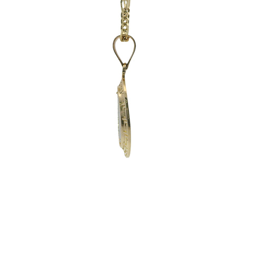 14KT Gold Charm Small Oval Two Tone St Jude Coin with Greek Border and Plain Bell