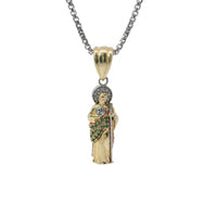 14KT Gold Charm Small 3D Tri Tone St Jude Figurine with Green CZ Stones Robe, White CZ Stones Halo, and Plain Bell