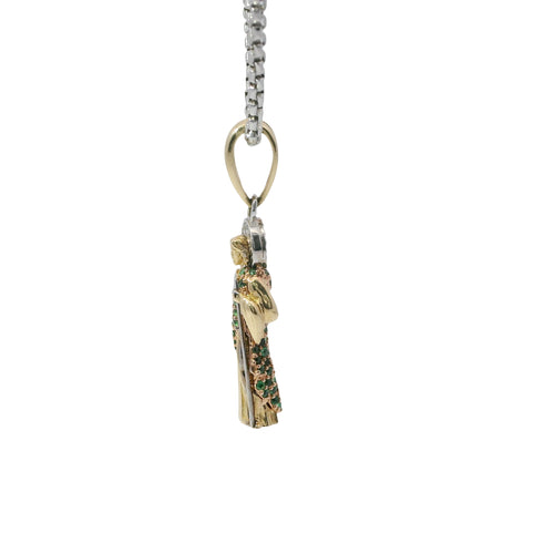 14KT Gold Charm Small 3D Tri Tone St Jude Figurine with Green CZ Stones Robe, White CZ Stones Halo, and Plain Bell