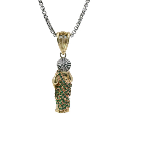 14KT Gold Charm Small 3D Tri Tone St Jude Figurine with Green CZ Stones Robe, White CZ Stones Halo, and Plain Bell