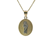 14KT Gold Charm Small Oval Two Tone St Jude Coin with Rope Border and Plain Bell