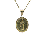 14KT Gold Charm Small Oval Two Tone St Jude Coin with Rope Border and Plain Bell