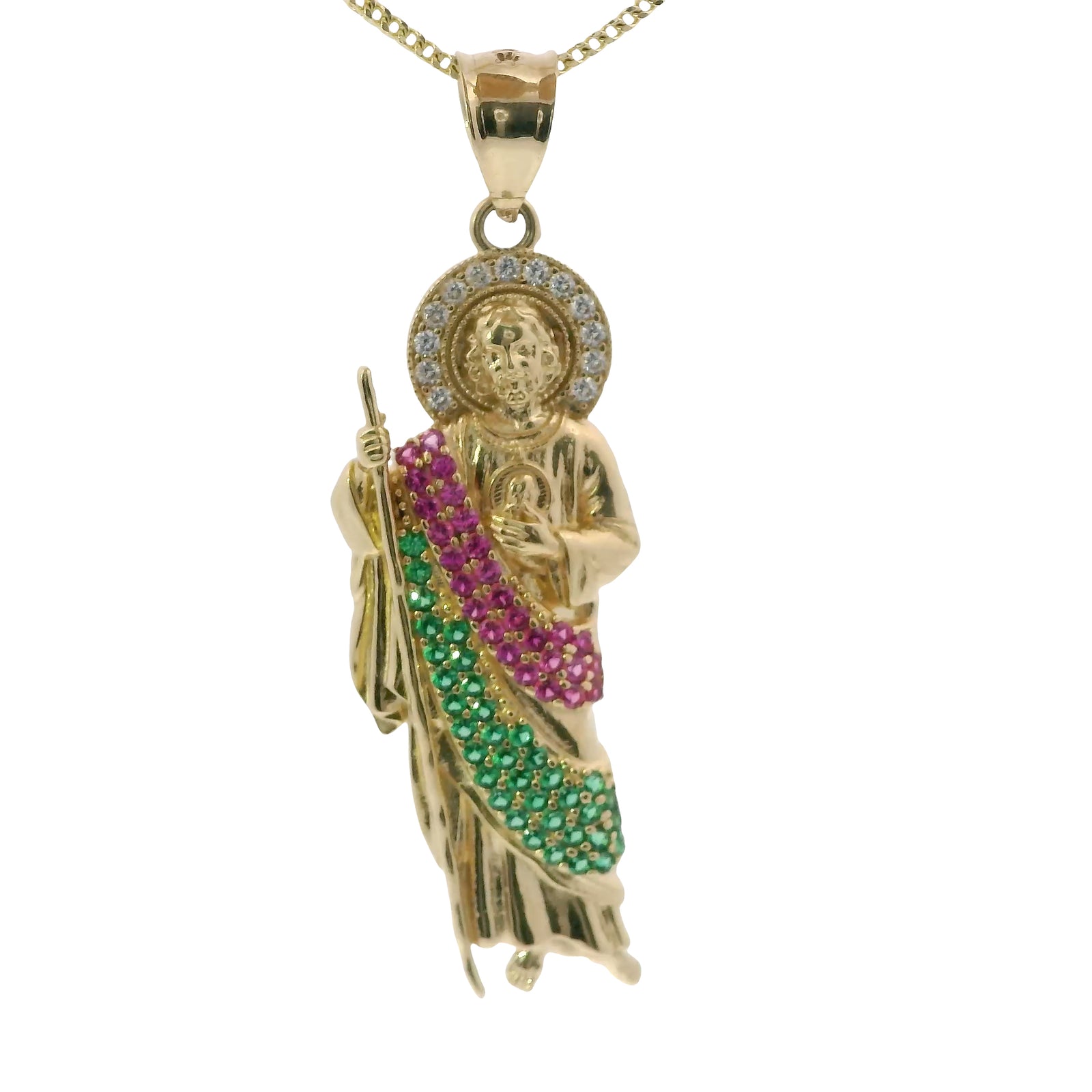 14KT Gold Charm Small St. Jude with Red, Green, and White Round CZ Stones Robe with White CZ Stones Halo and Plain Bell