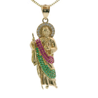 14KT Gold Charm Small St. Jude with Red, Green, and White Round CZ Stones Robe with White CZ Stones Halo and Plain Bell