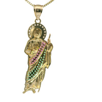 14KT Gold Charm Small St. Jude with Red, Green, and White Round CZ Stones Robe with White CZ Stones Halo and Plain Bell