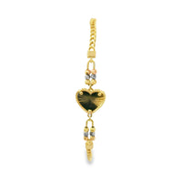 14KT Gold Bracelet Miami Cuban Plain Sunray Heart with Three Tri Tone Beads Center Coin 3mm