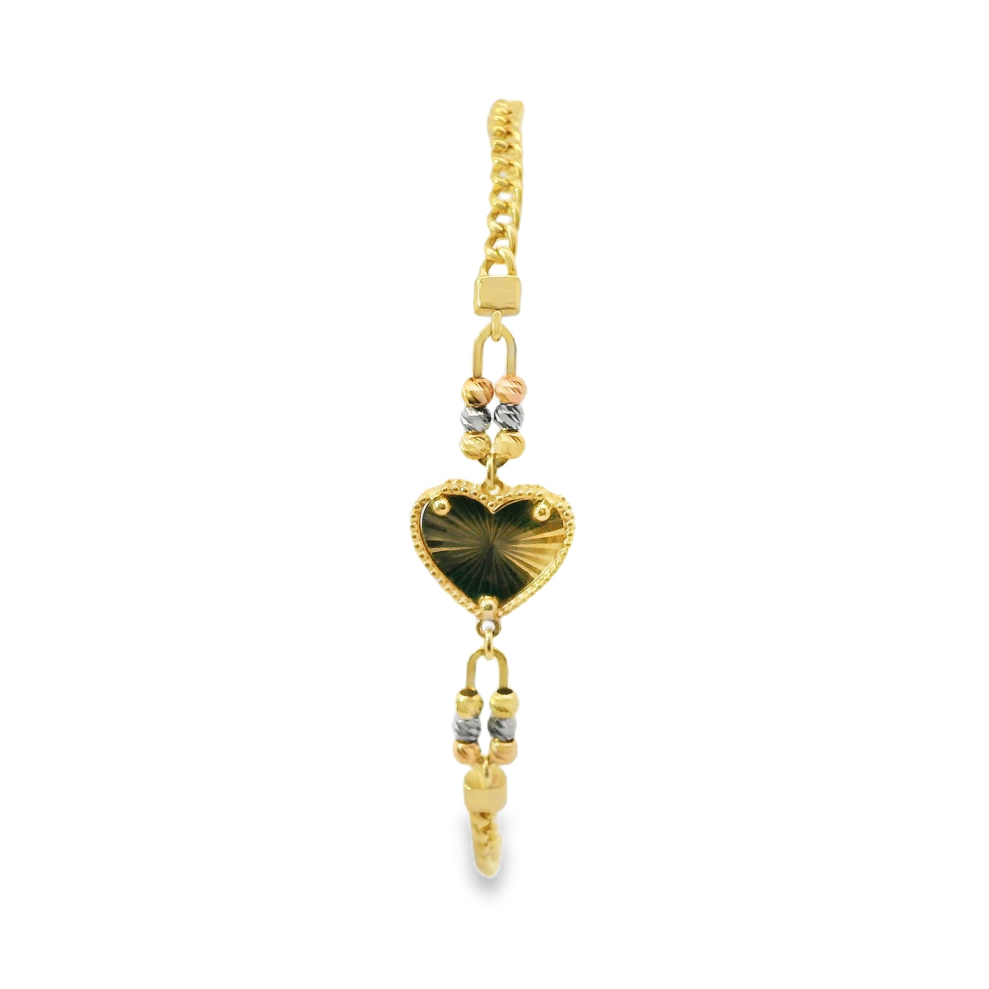 14KT Gold Bracelet Miami Cuban Plain Sunray Heart with Three Tri Tone Beads Center Coin 3mm