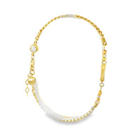 14KT Gold Bracelet Miami Cuban Plain Sunray Heart with Three Tri Tone Beads Center Coin 3mm