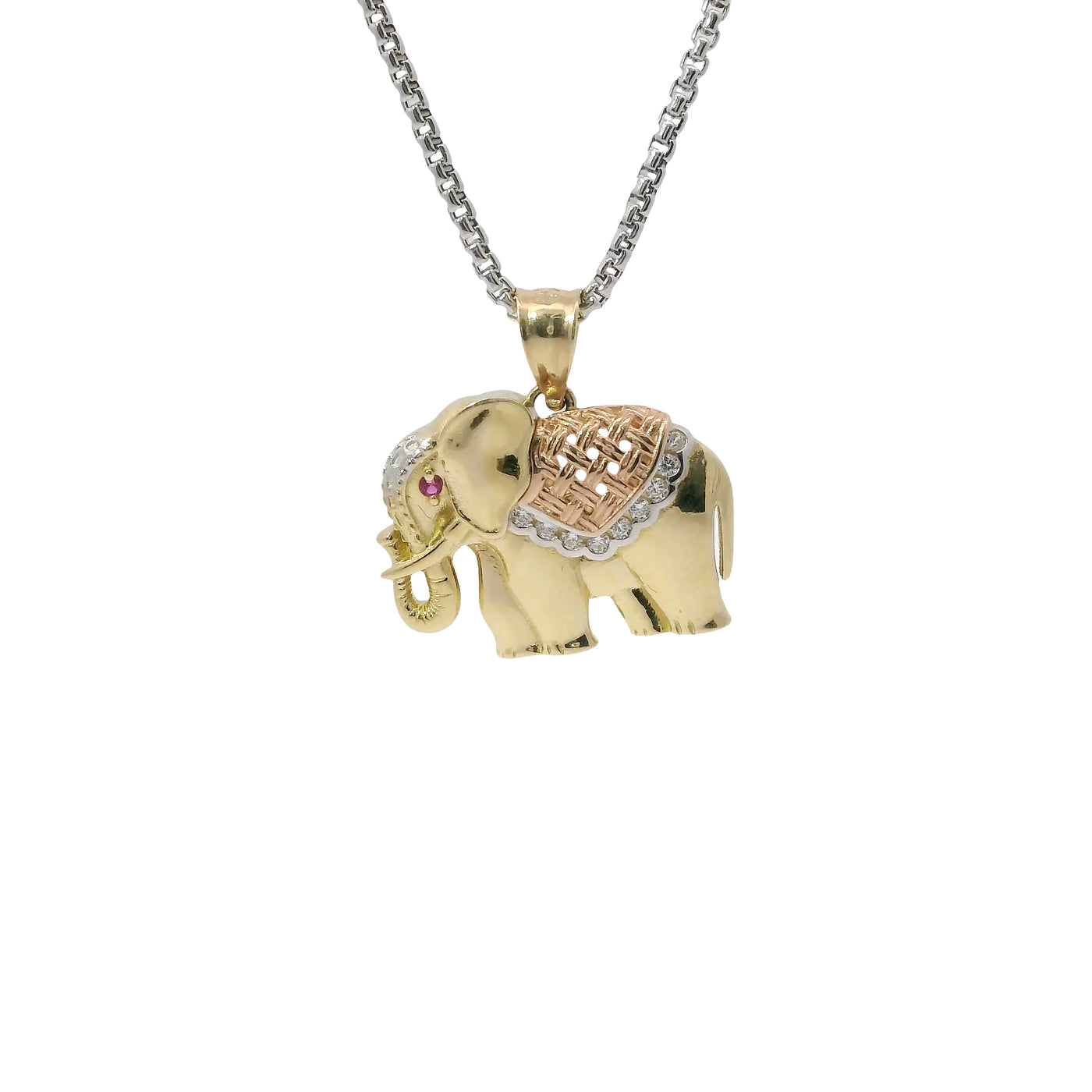14KT Gold Charm Small Tri Tone Elephant with Pink CZ Stone Eye and Diamond Cut Rose Gold Curved Blanket Plain Bell